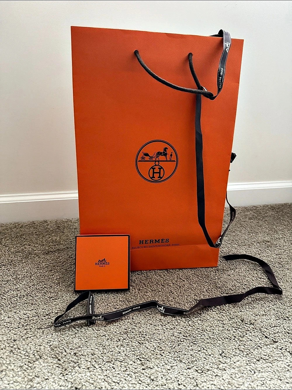 Hermes Shopping Bag and Gift Box Set with Ribbon Orange & Black
